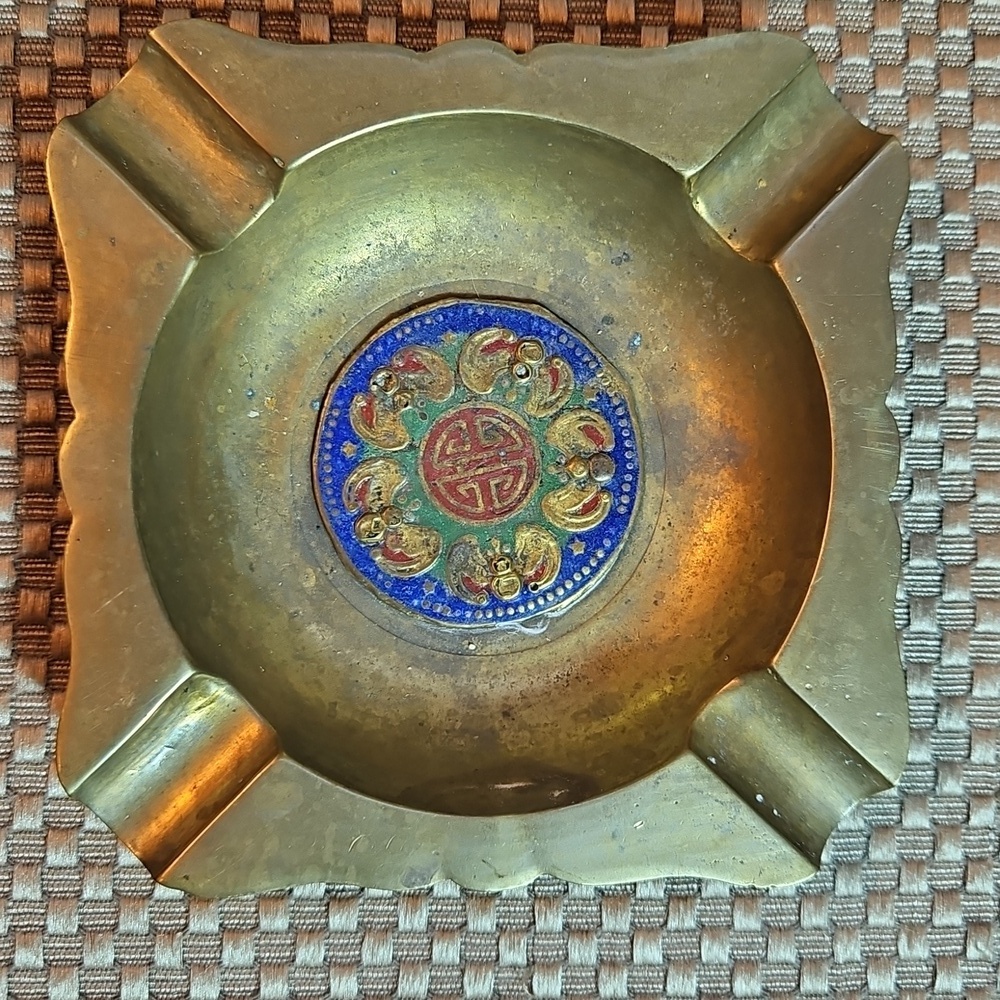 Vintage Brass Enamel Bats Chinese Ashtray